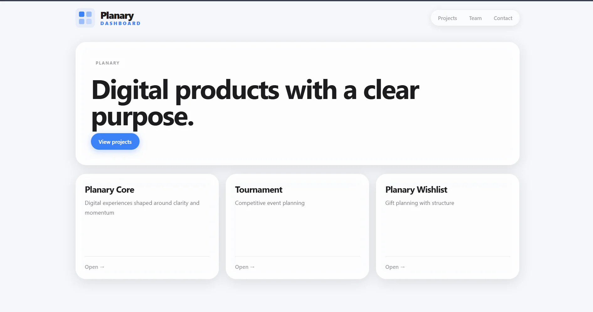 Planary-Dashboard mit Projektübersicht und klar gegliederten Produktkarten