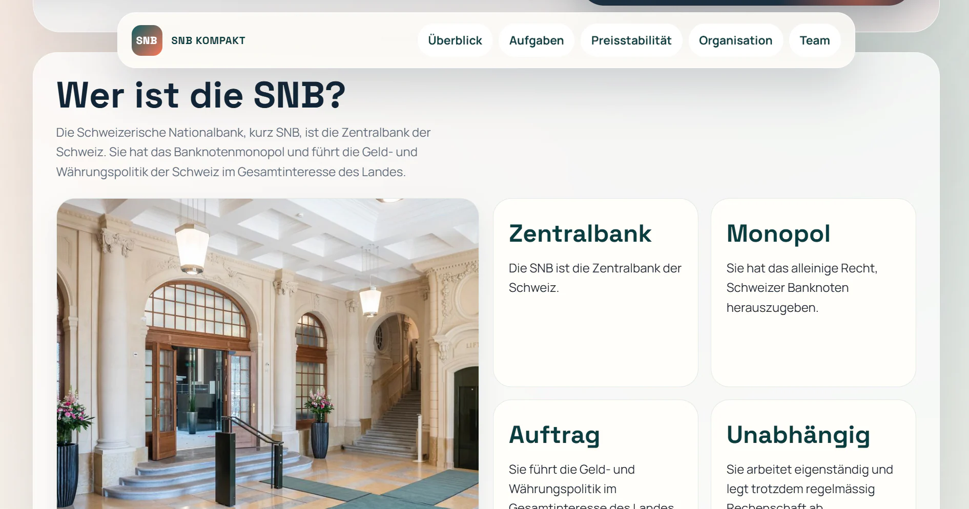 SNB-Projektseite mit Informationen zur Schweizerischen Nationalbank