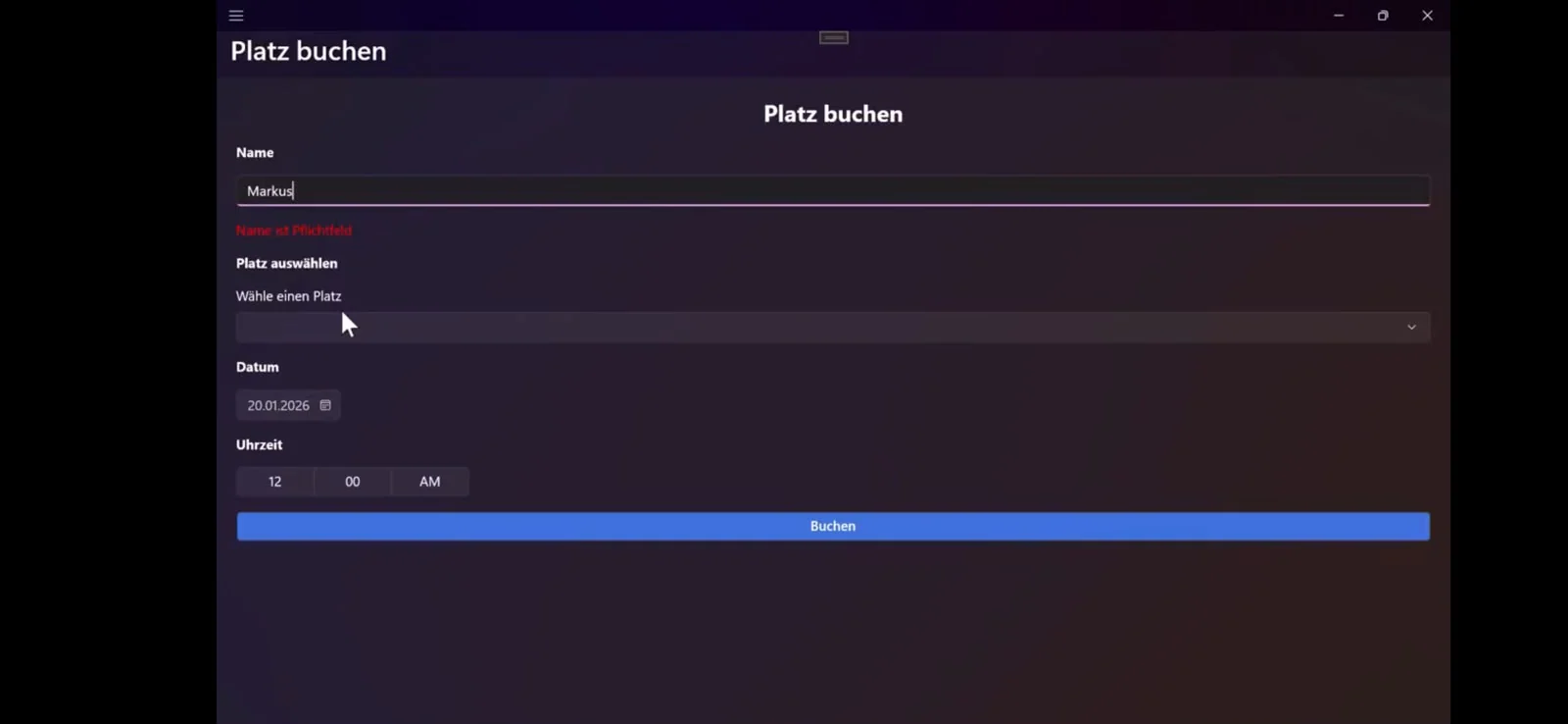 TenniSoft-Desktopanwendung mit Formular zur Platzbuchung